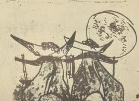 Csohány Kálmán (1925-1980): Ökrös szekér. Ofszet, papír. Jelzett. 20x14 cm Üvegezett keretben