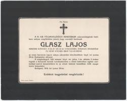 1916 Bp., Glasz Lajos, a cs. és kir. 23. gyalogezred önkéntes őrvezetője, az Ezüst Vitézségi Érem tulajdonosa halotti értesítője (az orosz harctéren kapott sebesülés következtében hunyt el), 23x29 cm