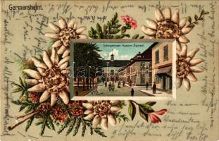 1907 Germersheim, Ludwigstrasse, Kaserne Seyssel. Verlag C. Hahn / street view, German military barracks. Rosenblatt Art Nouveau, Floral, Emb. litho (pinholes)