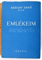 P. Szeghy Ernő: Emlékeim. 1944, Veritas. Első kiadás! Kiadói papírkötés, papír védőborítóval, kissé kopottas állapotban.  Szeghy Ernő (Szent Terézről nevezett Ernő atya, 1872-1952) karmelita szerzetes, teológiai tanár. 1890-ben belépett a cisztercita rendbe, 1897-ben tett szerzetesi fogadalmat. 1917-ben Győrben átlépett a sarutlan karmelita rendbe, 1919-ben karmelita fogadalmat tett, 1930 és 1944 között a keszthelyi kolostorban szolgált. A rend két alapítója, Avilai Szent Teréz és Keresztes Szent János műveinek magyarra fordítója, élettörténetét elöljárója kérésére írta meg, és Emlékeim címmel 1944-ben Kassán adták ki. Hosszú időt töltött Japánban, ennek nyomán látott napvilágot két ritkaságnak számító könyve: Japán - Történelmi, föld- és néprajzi vázlatok (1905), A buddhizmus és a kereszténység (1909).