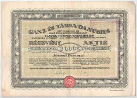 1923. Budapest "Ganz és Társa- Danubius Gép-, Waggon- és Hajó-Gyár Részvénytársaság" részvénye 20.000K-ról, magyar és német nyelven, szárazpecséttel, bélyegzésekkel és szelvényekkel T:F