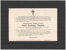 1937 Bp., szirmabessenyői, cserneki és tarkeői gróf Szirmay Sándor (1865-1937) cs. és kir. kamarás, a volt cs. és kir. 4. huszárezred őrnagya, a felsőház tagja, Pest vármegye törvényhatóságának tagja halotti értesítője, 22,5x30 cm