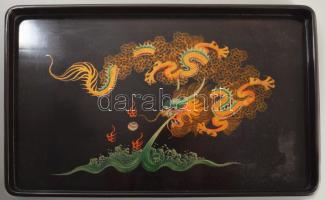 Kínai, sárkányos lakk tálca, szép állapotban 35x24 cm + csésze, kis lepattanással. Kézzel festett, h...