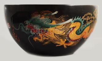 Kínai, sárkányos lakk tálca, szép állapotban 35x24 cm + csésze, kis lepattanással. Kézzel festett, h...