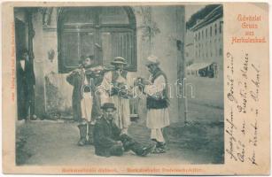 1900 Herkulesfürdő, Baile Herculane; Herkulesfürdői dudások, erdélyi folklór. Emil Jäger kiadása / Herkulesbader Dudelsackpfeifer / Transylvanian folklore, bagpipers' band (r)