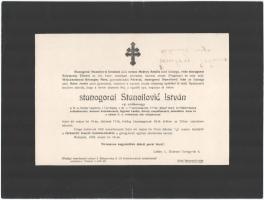 1938 Bp., stanogorai Stanoilovic István (1861-1938) ny. altábornagy, a II. o. Vaskorona-rend, a Lipót-rend és további kitüntetések tulajdonosa halotti értesítője, kis lapszéli sérülésekkel, 22,5x30 cm
