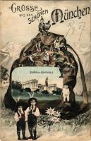 1917 München, Munich; Bavaria mit Ruhmeshalle. Verlag Franz Joseph Huber / montage with backpack and hiking children (fl)