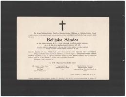 1939 Bp., Belitska Sándor (1872-1939) m kir. titkos tanácsos, gyalogsági tábornok, honvédelmi miniszter halotti értesítője, apró lapszéli sérülésekkel, 23x30 cm