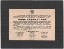 1941 Makó, komjáti Tarnay Ivor (1874-1941) nyug. alispán, Makó város díszpolgára halotti értesítője, 23x30 cm