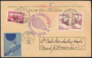 1933 Ballonposta levelezőlap levélzáróval és alkalmi bélyegzéssel / Balloon post postcard