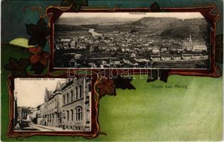 Merzig, Totalansicht, Bahnhofstrasse mit Post. Verlag Simon Hirsch / general view, street, postal office. floral, litho frame (EK)
