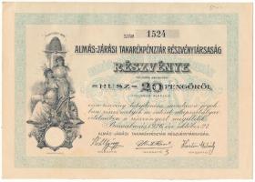 1926. Bácsalmás "Almás-Járási Takarékpénztár Részvénytársaság" részvénye 20P-ről, szárazpecséttel, szelvényekkel T:AU