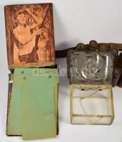 Vadász kellékek: töltényöv, vadász karóra, vadász motívumos üveg és ón doboz (sérült), stb