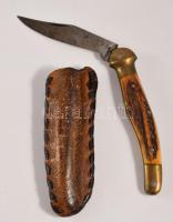 Vadász zsebkés, jelzett. bőr tokkal 20 cm