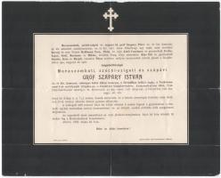 1902 Alberti (Albertirsa), muraszombati, széchiszigeti és szápári gróf Szapáry István (1829-1902) cs. és kir. kamarás, valóságos belső titkos tanácsos, a főrendiház tagja, a Vaskorona-rend I. osztályának tulajdonosa, Aranysarkantyús vitéz halotti értesítője, kis lapszéli sérülésekkel, 23x29 cm