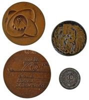 Fekete Géza (Dezső) (1939-2021) 1973. "Újító Mozgalom - 25 - 1948-1973" kétoldalas bronz emlékérem (60mm) + 1988. "75 éves a Magyar Síszövetség 1913-88" egyoldalas bronz emlékérem, hátoldalán névre szóló gravírozással (67mm) + DN "Egy másért egymásért" kétoldalas bronz emlékérem (50mm) + "HUNGAROCOOP Budapest - 10 év - Törzsgárda" kétoldalas fehérfém emlékérem (30mm) T:XF,VF, patina