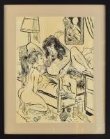 Ruszkai jelzéssel: Erotikus jelenet. Tus, ceruza, nyomat, papír. Üvegezett fakeretben. 39,5x29 cm