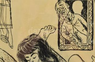 Ruszkai jelzéssel: Erotikus jelenet. Tus, ceruza, nyomat, papír. Üvegezett fakeretben. 39,5x29 cm