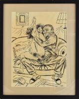 Ruszkay jelzéssel: Erotikus jelenet. Tus, ceruza, nyomat, papír. Üvegezett fakeretben. 39,5x29 cm