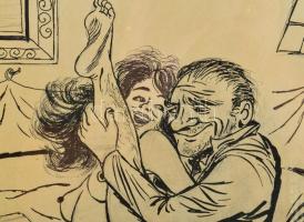 Ruszkay jelzéssel: Erotikus jelenet. Tus, ceruza, nyomat, papír. Üvegezett fakeretben. 39,5x29 cm