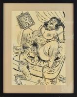 Ruszkay jelzéssel: Pornográf jelenet. Tus, papír. Üvegezett fakeretben. 39,5x29 cm