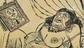 Ruszkay jelzéssel: Pornográf jelenet. Tus, papír. Üvegezett fakeretben. 39,5x29 cm