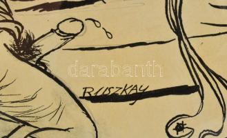 Ruszkay jelzéssel: Pornográf jelenet. Tus, papír. Üvegezett fakeretben. 39,5x29 cm