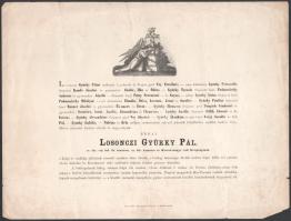 1859 Pest, losonczi Gyürky Pál (1783-1859) cs. kir. val. belső titkos tanácsos és kamarás, Krassó megye volt főispánjának halotti értesítője, kis lapszéli sérülésekkel, 23,5x31 cm