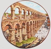 MG kerámia spanyol kerámia dísztál. Római viadukt ábrázolással. Kézzel festett, jelzett, hibátlan d: 32 cm