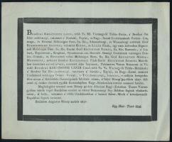 1827 Bánlak, beodrai Karátsonyi Lázár vármegyei táblabíró halotti értesítője, 19,5x24 cm