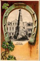 Norderney, Kaiserdenkmal. Verlag von Herm. Braam, Georg Kugelmann / monument. montage with horseshoe and clovers. floral, litho frame (crease)