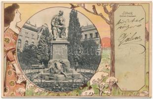 1900 Lübeck, Geibel-Denkmal. Knackstedt &amp; Näther / monument. Art Nouveau, floral, litho frame (r)