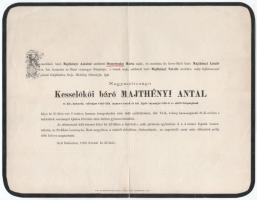 1866 Baden, kesselőkői báró Majthényi Antal (1794-1866) cs. kir. kamarás, valóságos belső titkos tanácsos, Liptó vármegye 1848. év előtti főispánjának halotti értesítője, kisebb lapszéli szakadással, 22x28 cm