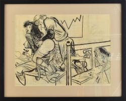 Ruszkay jelzéssel: A leselkedő (erotikus jelenet). Tus, ceruza, nyomat, papír. Üvegezett fakeretben. 29x39,5 cm