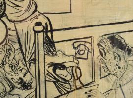 Ruszkay jelzéssel: A leselkedő (erotikus jelenet). Tus, ceruza, nyomat, papír. Üvegezett fakeretben....