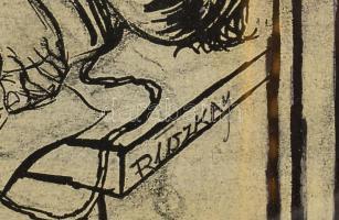 Ruszkay jelzéssel: A leselkedő (erotikus jelenet). Tus, ceruza, nyomat, papír. Üvegezett fakeretben....