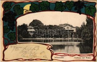 1900 Wiesbaden, Curhaus mit Weiher. Boogaart / spa. Art Nouveau, floral, litho frame (wet corners)