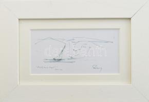 Rubint Ávrahám Péter (1958-): Mosoly csepp tenger, 2002. Tus, toll, papír, jelezve jobbra lent, üvegezett keretben. 9,5×19 cm