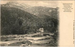 Herkulesfürdő, Baile Herculane; Cserna-völgy a villanyteleppel. R. Krizsány kiadása / Csernatal mit der elektrischen Betriebsanlage / electric power plant, power station in the valley