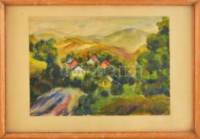 Szőnyi István jelzéssel: Falu a dombok között. Akvarell, papír, üvegezett fakeretben. 21×29,5 cm