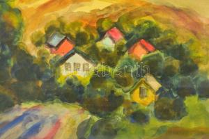 Szőnyi István jelzéssel: Falu a dombok között. Akvarell, papír, üvegezett fakeretben. 21×29,5 cm