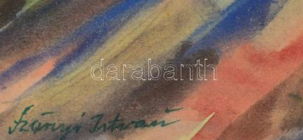 Szőnyi István jelzéssel: Falu a dombok között. Akvarell, papír, üvegezett fakeretben. 21×29,5 cm