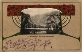 1906 St. Batholoma mit dem Watzmann / view, mountain. Art Nouveau, floral, litho frame (EB)