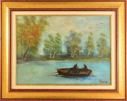 Egry József jelzéssel: Csónakban. Olaj, karton. Dekoratív fakeretben. 37,5×51,5 cm