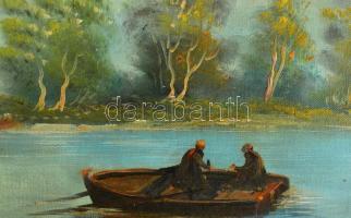 Egry József jelzéssel: Csónakban. Olaj, karton. Dekoratív fakeretben. 37,5×51,5 cm