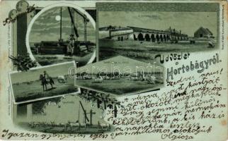 1898 Hortobágy, gulyás, csikós, delelő gulya és ménes, gulyaitatás, a Hortobágy hídja, magyar folklór. László Albert kiadása. Art Nouveau, floral, litho (lyukak / pinholes)