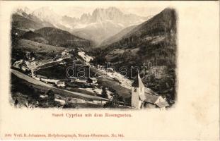 San Cipriano, Sankt Zyprian, St. Cyprian (Südtirol); mit Rosengarten / general view with mountain, church. B. Johannes