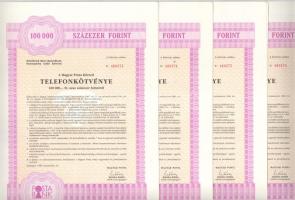 1988-1989. Budapest "Magyar Posta Körzeti Telefonkötvénye" 100.000Ft-ról szelvényekkel (4x), sorszámkövetők "400275 - 400278" T:AU