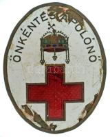 1930-1940 k. "Önkéntes ápolónő" zománcozott bronz jelvény sérült tűvel (49x39mm) T:VF,F zománchiba Hungary ~1930-1940. "Voluntary Nurse" enamelled metal badge with damaged pin (49x39mm) C:VF enamel error