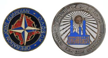Egyiptom DN "Szuvenír a Kairó Kormányzóságától" egyoldalas, részben műgyantás fém emlékérem + Koszovó DN "Egyesített Őrző Hadművelet / KFOR" kétoldalas műgyantás bronz emlékérem (50mm) T:XF,VF  Egypt ND "Souvenir from Cairo Governorate" one-sided, partially synthetic resined metal commemorative medallion (61mm) + Kosovo ND "Operation Joint Guardian / KFOR" two-sided, synthetic resined bronze commemorative medallion (50mm) C:XF,VF
